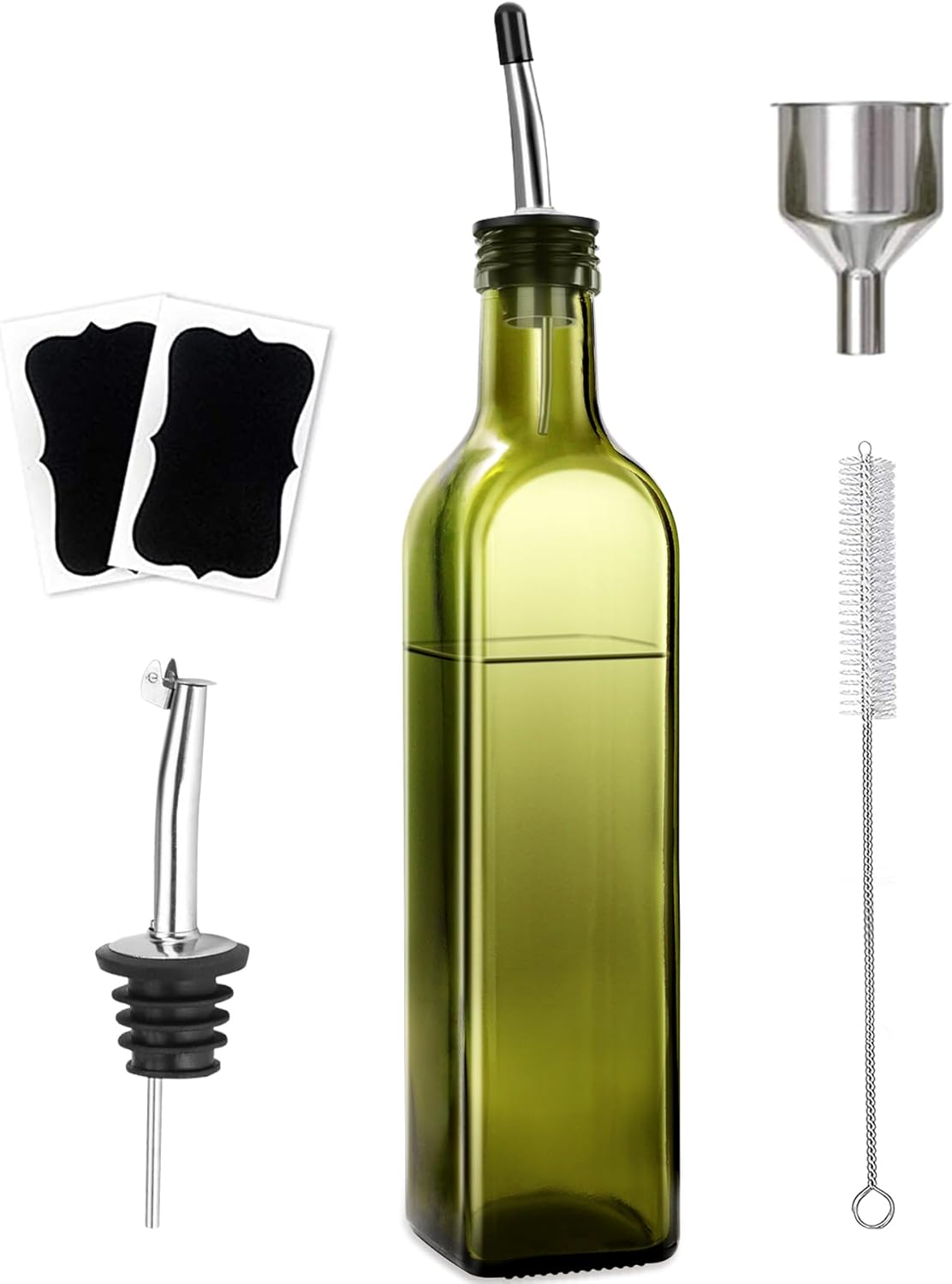 Set de 2 Botellas de Vidrio para Aceite y Vinagre (500ml) con Vertedores de Acero Inoxidable, Embudo, Cepillo y Etiquetas – Dispensador Antigoteo para Cocina